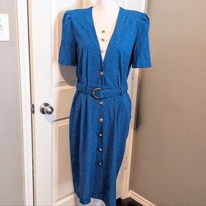 Vintage 80s Blue Button-Down Belted Dress